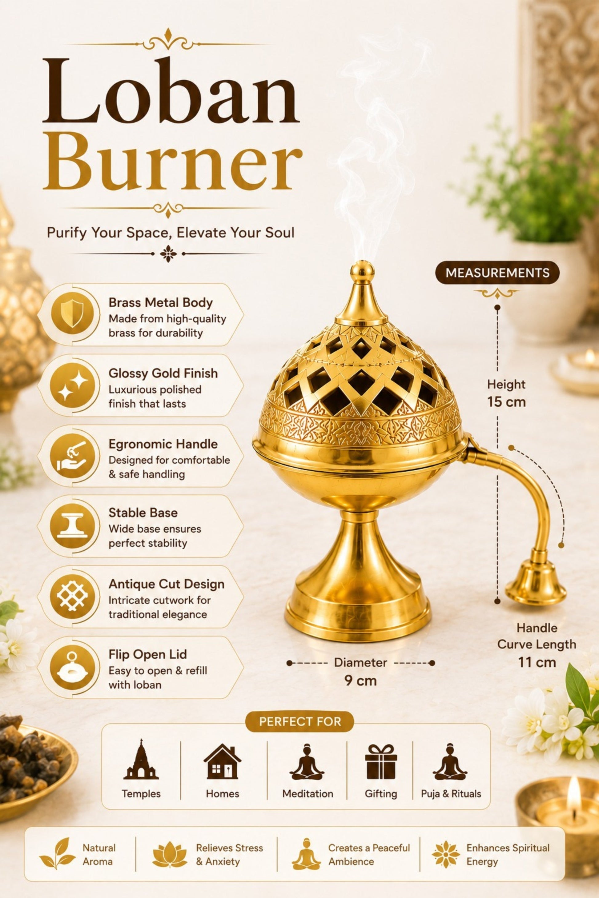 premium brass loban burner with handle handcrafted brass dhoop dani for loban sambrani cups bakhoor resin incense dhoop hinged lid pooja incense burner for home temple meditation gifting
