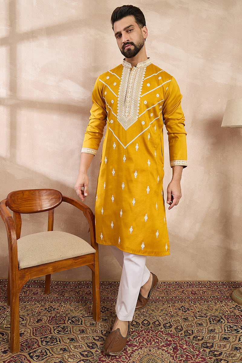 Yellow Silk Blend Ethnic Motifs Embroidered Straight Kurta With Trouser MKSET1790
