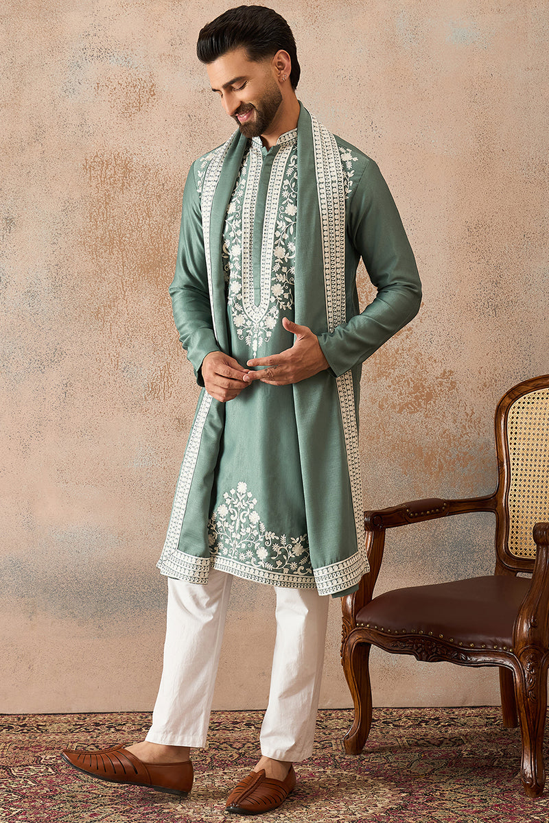 Mens Green Silk Blend Solid Embroidered Kurta Trouser With Dupatta MKPD1040