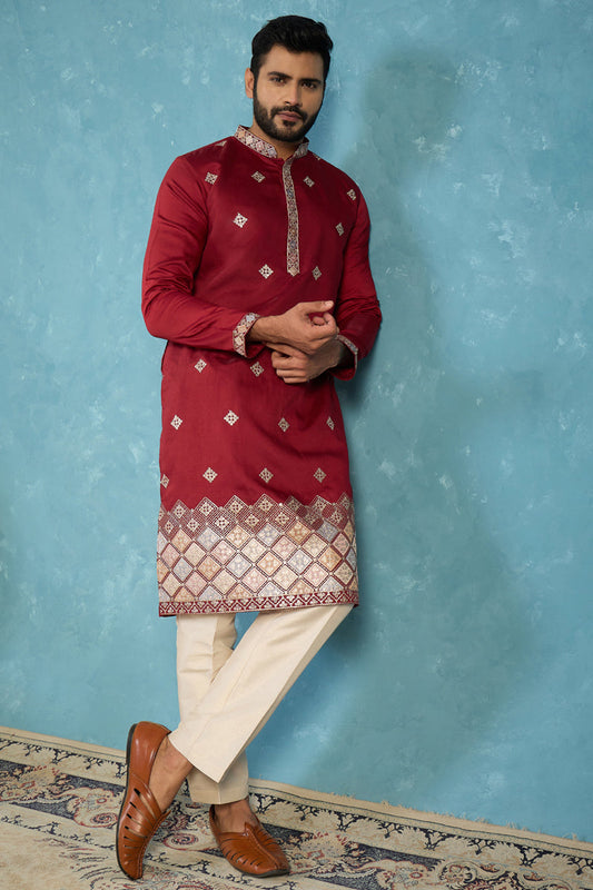 Silk Blend Maroon Solid Embroidered Calf Length Straight Kurta MKU2100