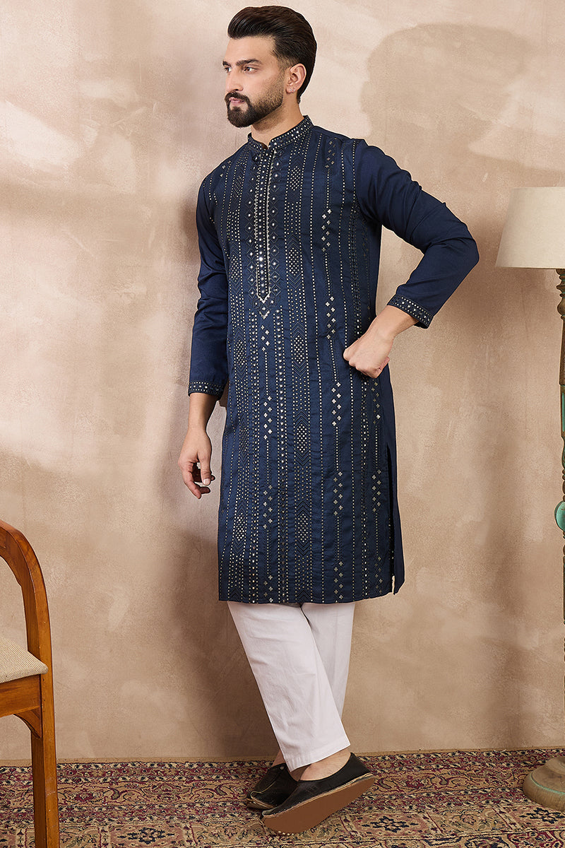 Blue Silk Blend Geometric Embroidered Straight Kurta With Trouser MKSET1890