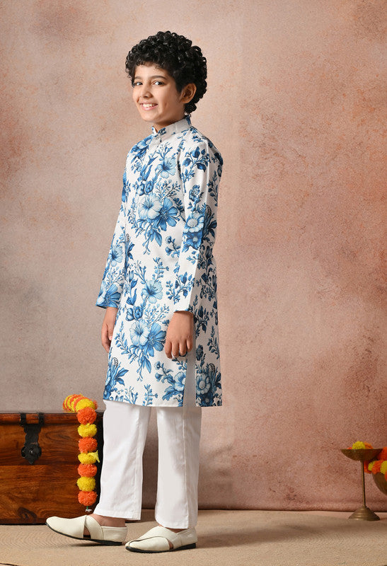 Indi Loom Couture Boys White & Blue Floral Printed Kurta with White Pant Set ILBKS58
