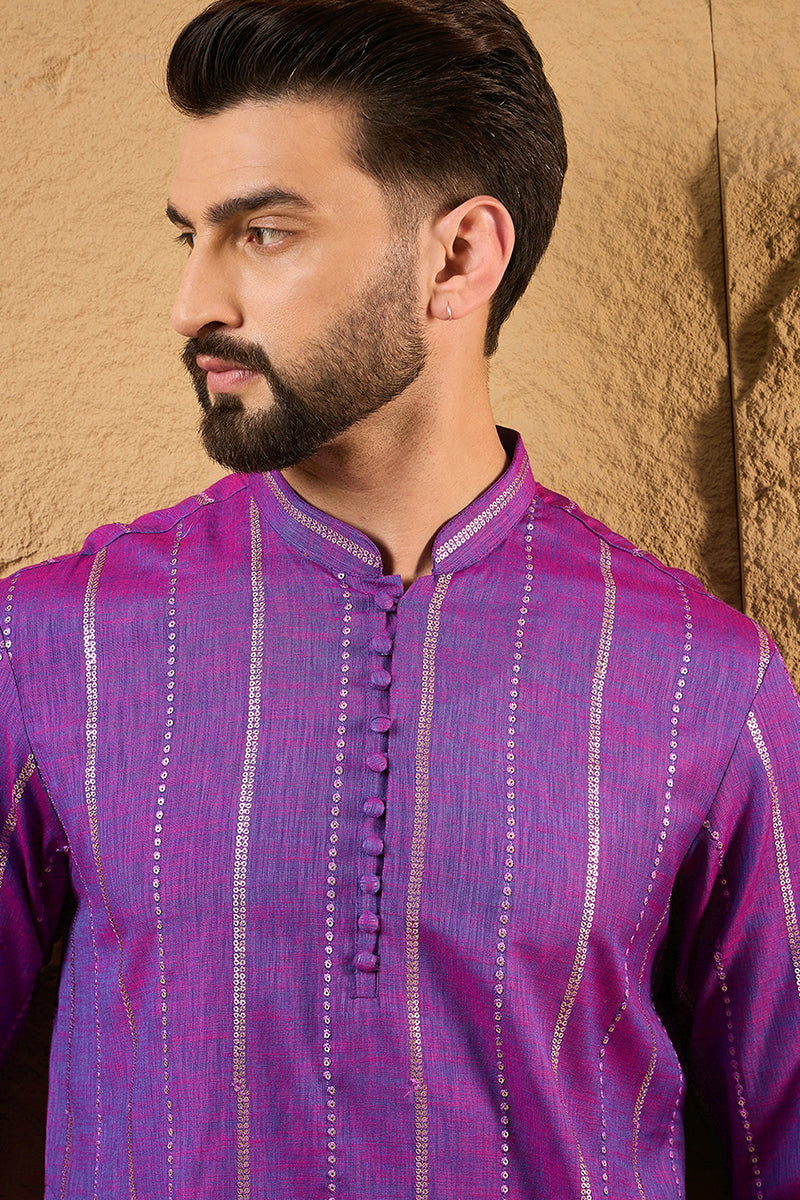 Purple Pure Cotton Solid Embroidered Straight Kurta with Trouser MKSET1194