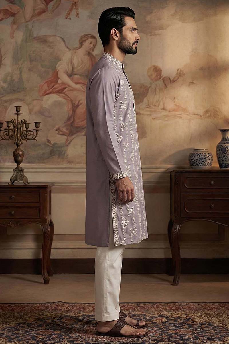 Silk Blend Lavender Solid Embroidered Calf Length Straight Kurta MKU2090
