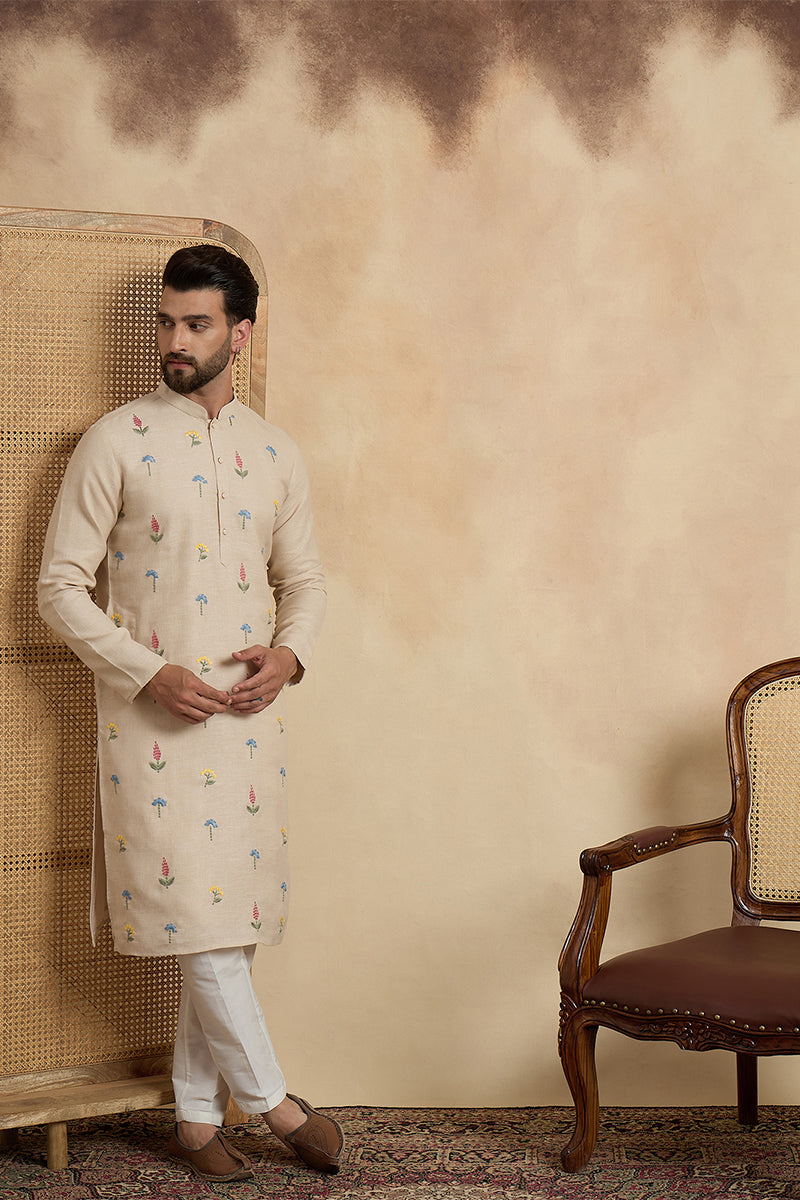 Mens Beige Linen Solid Embroidered Thread Work Kurta MKU2462
