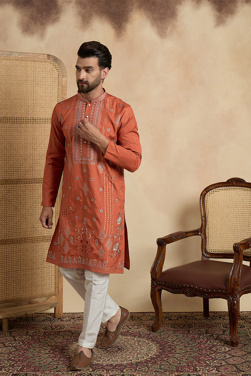 Mens Orange Silk Blend Solid Embroidered Straight Kurta MKU2524