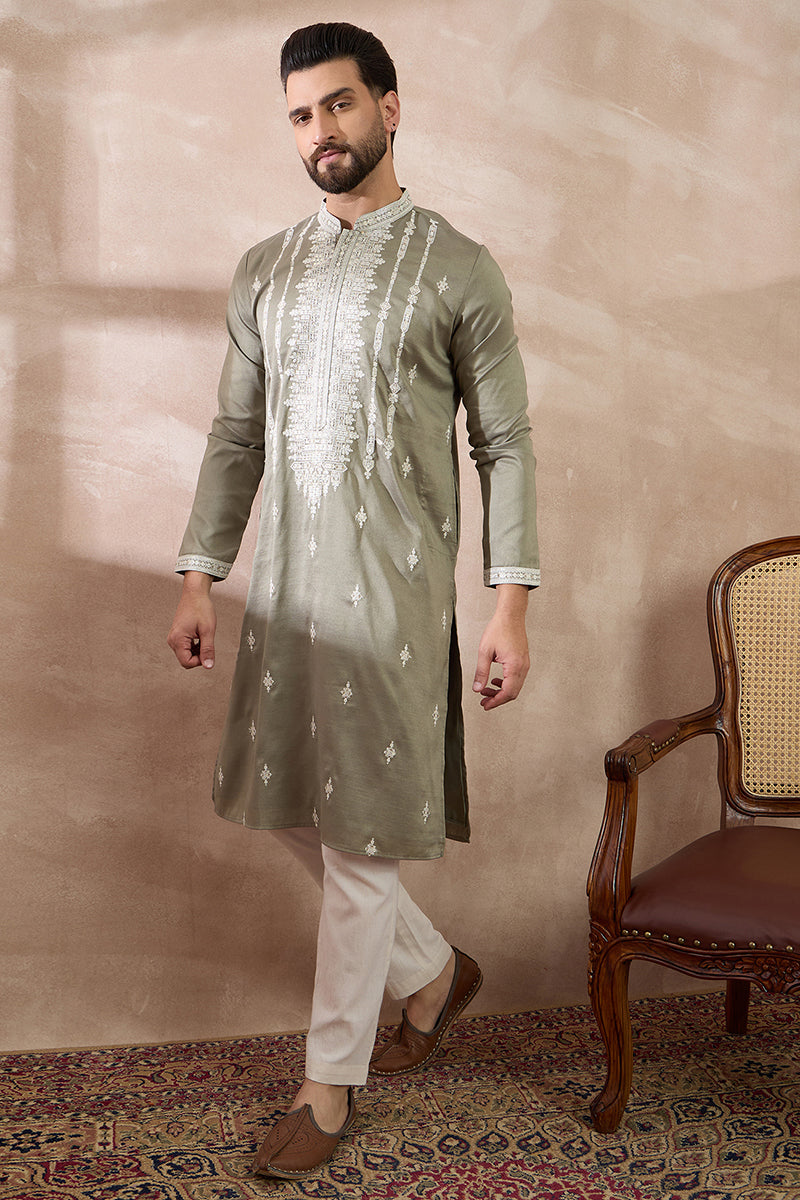 Green Silk Blend Embroidered Mandarin Collar Straight Kurta MKU1791