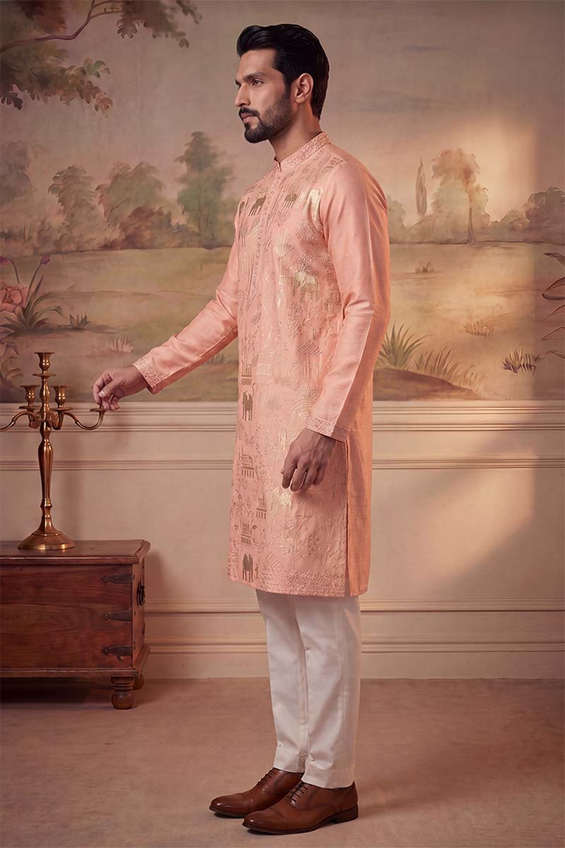 ethnic-bay-mens-peach-viscose-rayon-solid-embroidered-kurta-with-trousers-mkset2092