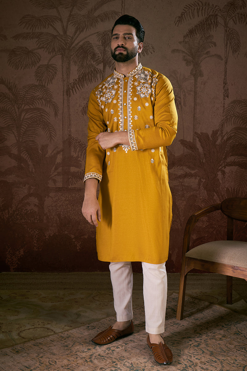 Mustard Silk Blend Solid Embroidered Straight Kurta MKU1796