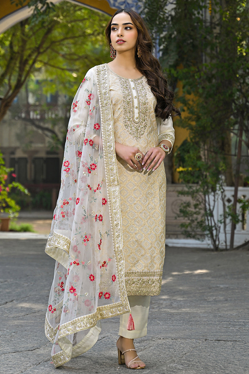 off white silk blend solid embroidered straight kurta trousers with dupatta