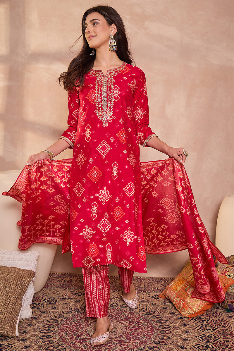 pink silk blend printed ethnic motifs straight kurta set pkskd3229