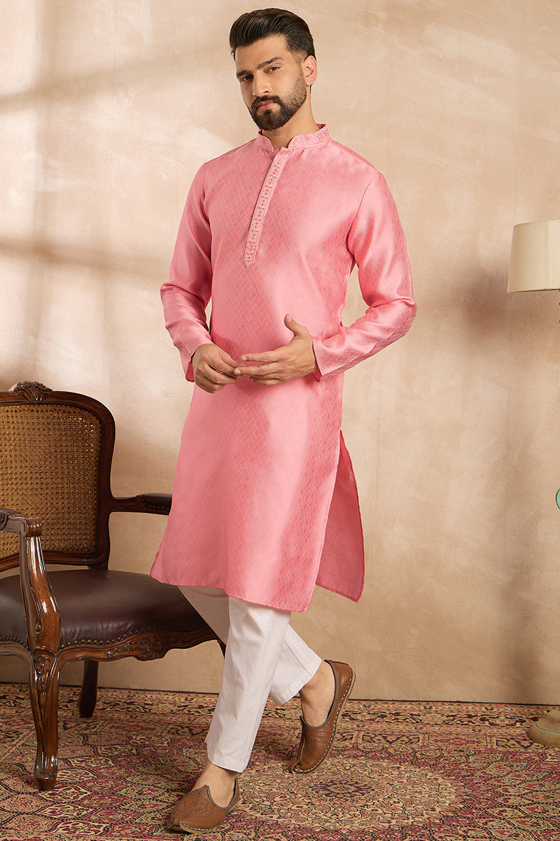Pink Polyester Solid Embroidered Straight Kurta With Trouser MKSET1842