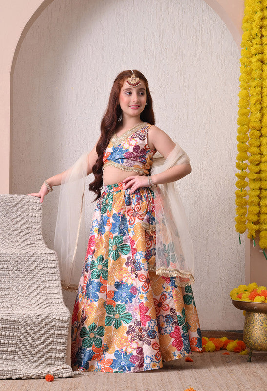 Indi Loom Couture Girls Cream Multi Floral Printed Lehenga Choli with Dupatta ILLCD33