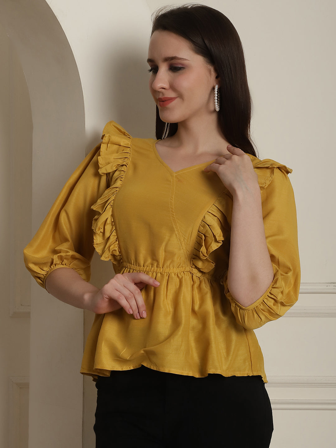Black Solid Womens Top With