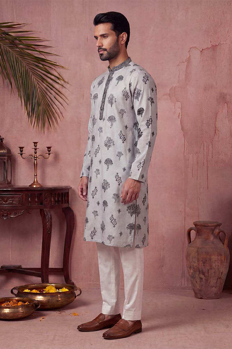 Mens Silk Blend Embroidered Solid Blue Kurta With Trousers MKSET1805