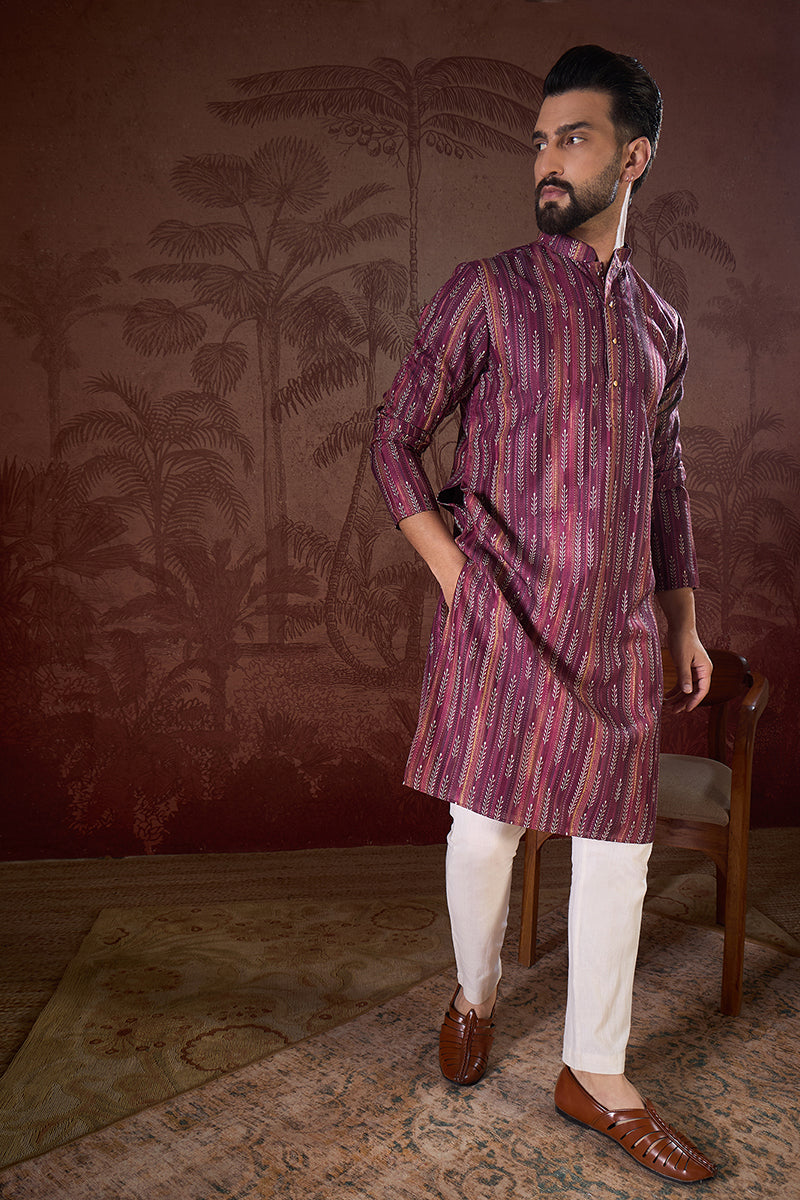 Purple Silk Blend Striped Printed Straight Kurta With Trouser MKSET1905