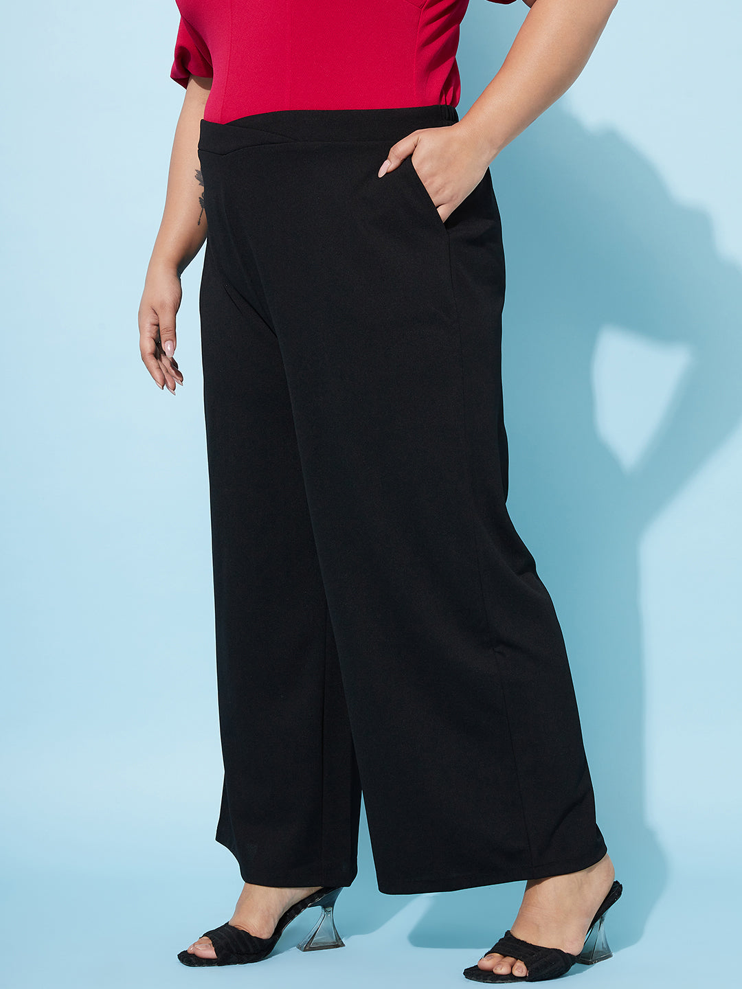 athena ample plus size women mid rise plain smart flared parallel trousers