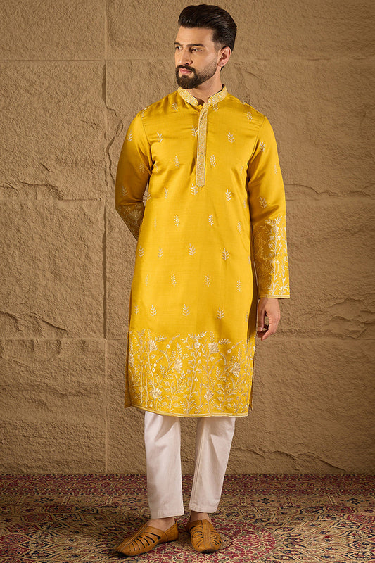 yellow chanderi silk solid embroidered straight kurta with trouser
