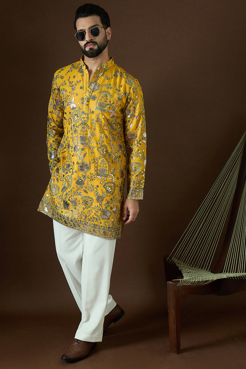 Yellow Georgette Solid Embroidered Straight Kurta Sets MKSET1873