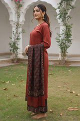 maroon rayon blend geometric printed straight kurta trousers with dupatta 