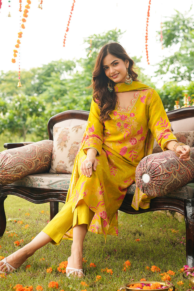 yellow viscose rayon floral embroidered straight kurta trousers with dupatta pkskd3052