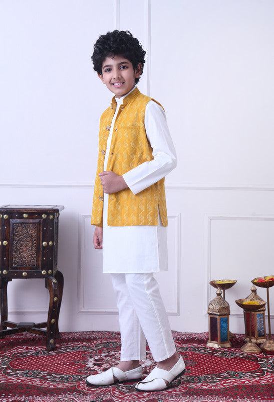 Indi Loom Couture Boys White Kurta & Pyjama with Mustard Yellow Dobby Nehru Jacket Set ILBKSJ15