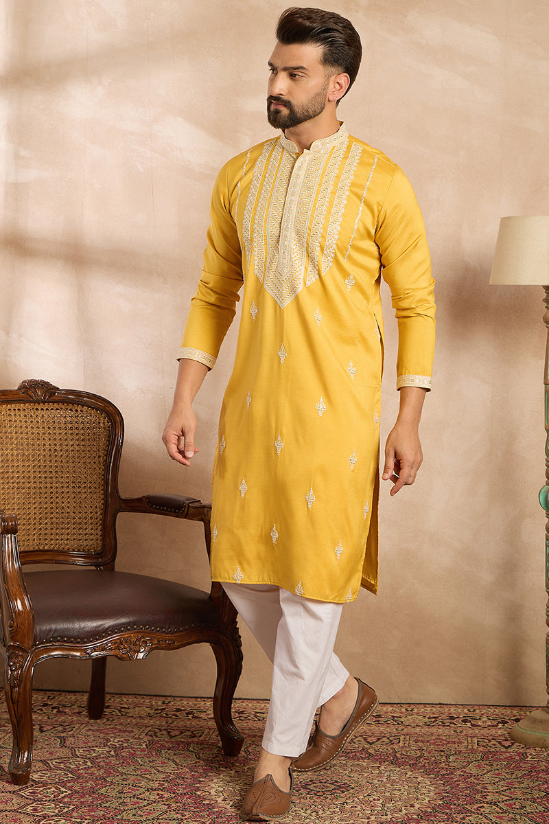 Yellow Silk Blend Geometric Embroidered Straight Kurta With Trouser MKSET1685