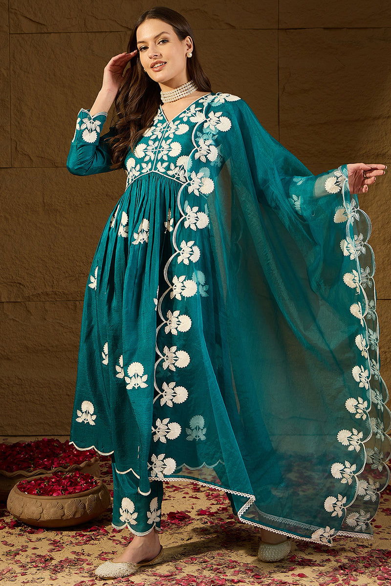 teal silk blend solid embroidered a line kurta trouser with dupatta 