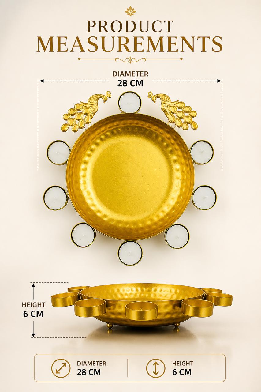 premium peacock urli bowl with 8 tealight holders decorative metal floating flower urli for water candles tea lights traditional pooja bowl for diwali wedding home festive decoration