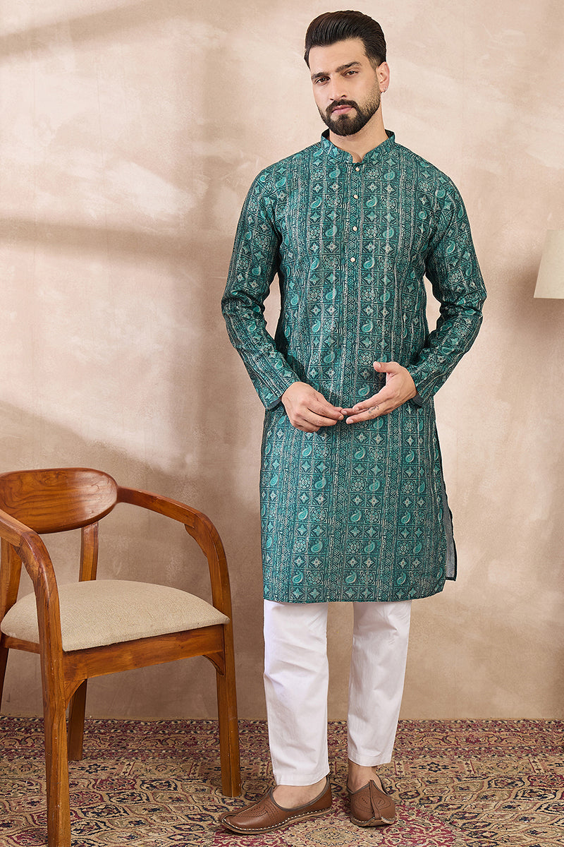 Green Silk Blend Ethnic Motifs Printed Straight Kurta MKU1996