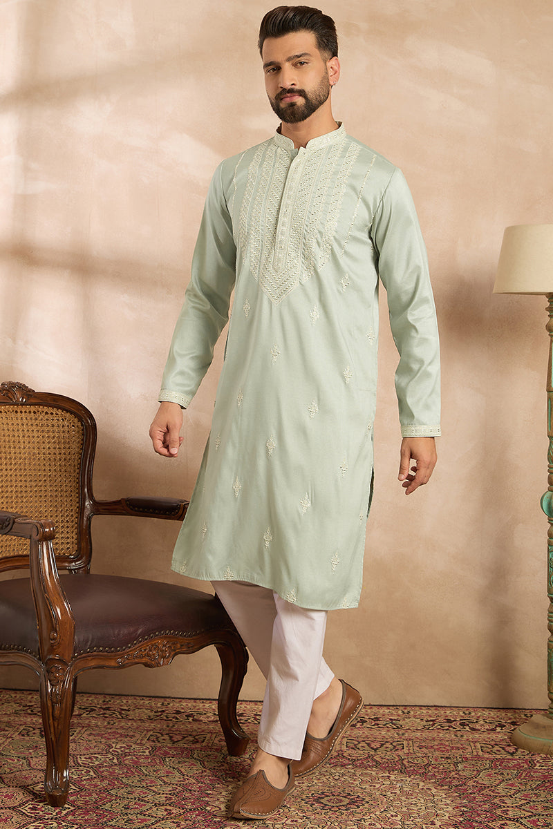 Green Silk Blend Geometric Embroidered Straight Kurta With Trouser MKSET1686