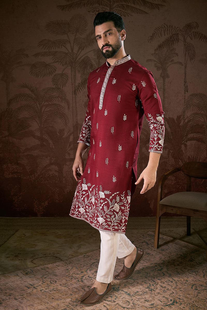 Maroon Silk Blend Solid Embroidered Straight Kurta With Trouser MKSET1945