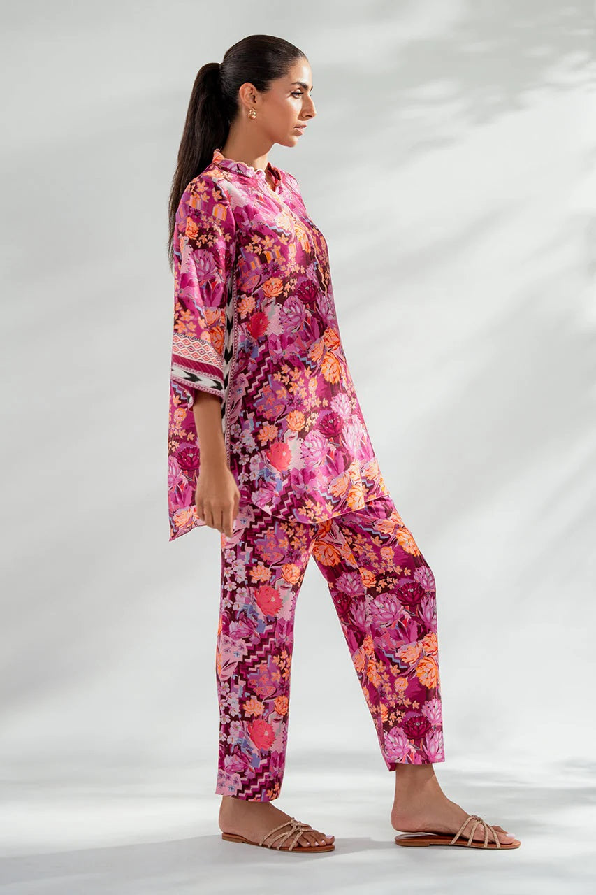 Women's Neck Embroidery Raw Silk Blend Co-Ords
