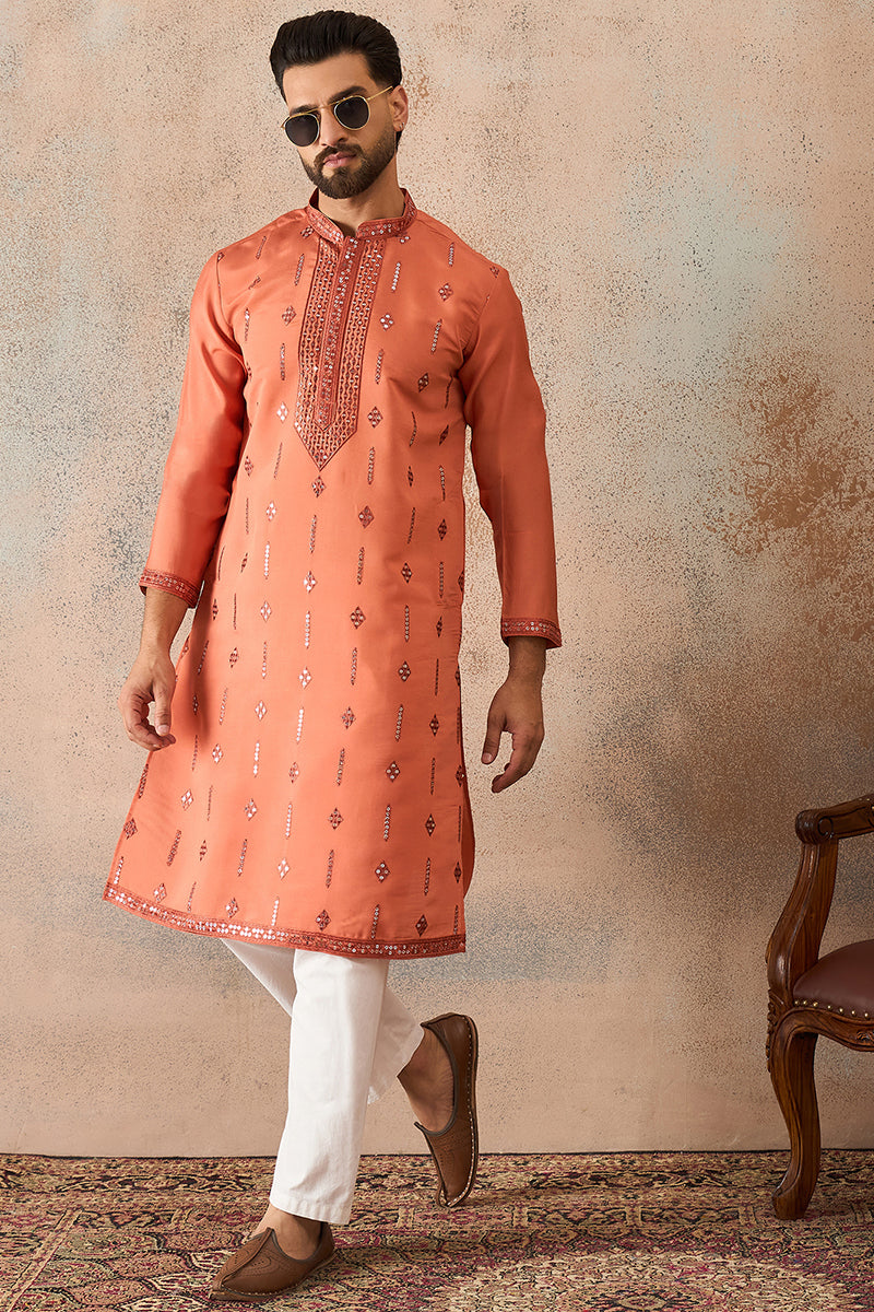 Mens Orange Silk Blend Solid Embroidered Kurta MKU2258