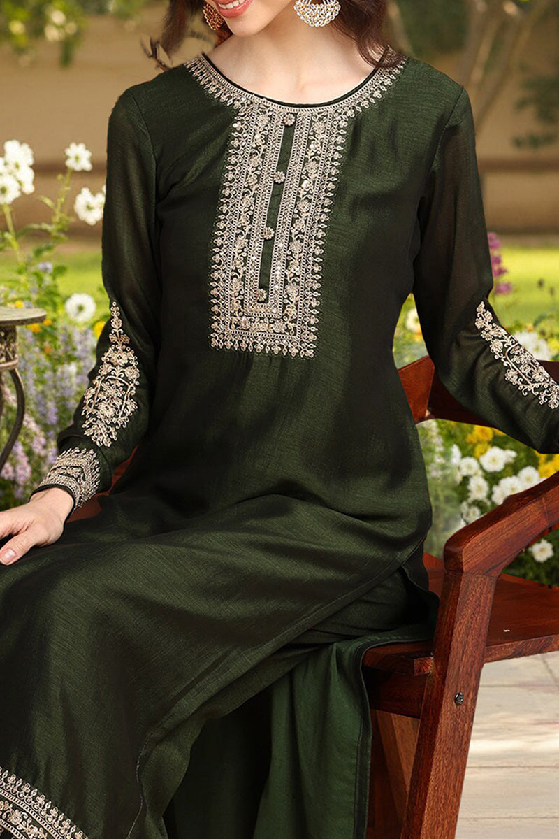 navy blue silk blend solid embroidered straight style suit set pkskd2263