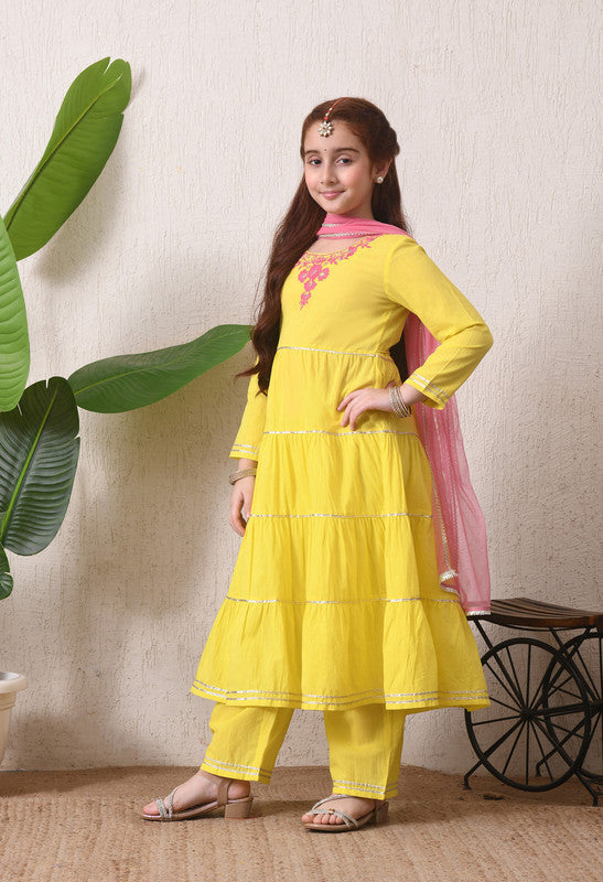 Indi Loom Couture Girls Lime Green Embroidered Tiered Kurta with Pants & Dupatta Set ILKSD74