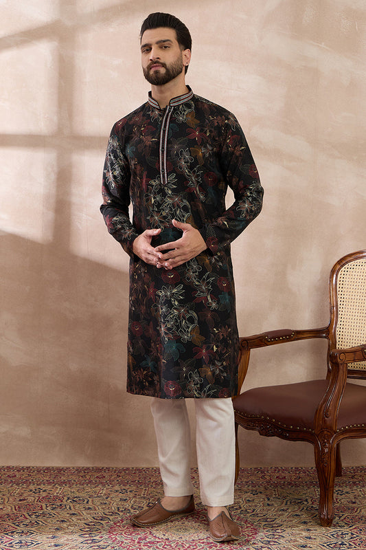 Black Silk Blend Printed Mandarin Collar Straight Kurta With Trouser MKSET1956