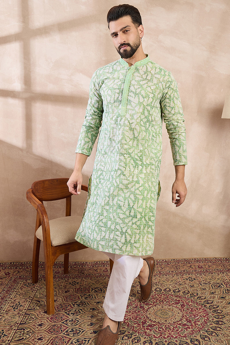 Green Viscose Rayon Ethnic Motifs Embroidered Straight Kurta With Trouser MKSET1672