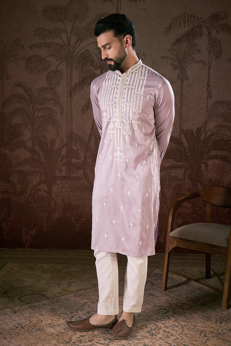 Lavender Silk Blend Solid Embroidered Straight Kurta With Trouser MKSET1880