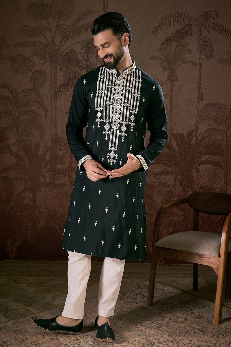 Black Silk Blend Solid Embroidered Straight Kurta MKU1885