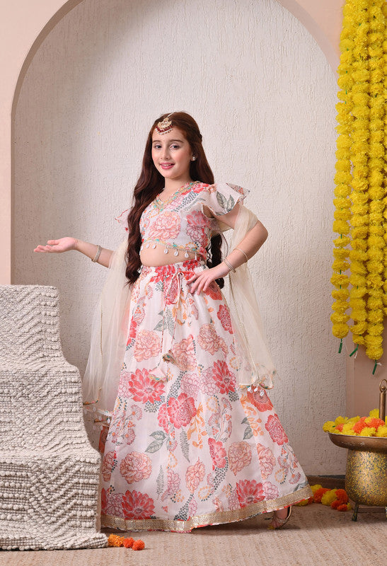 Indi Loom Couture Girls Off White Floral Printed Lehenga Choli with Dupatta ILLCD32