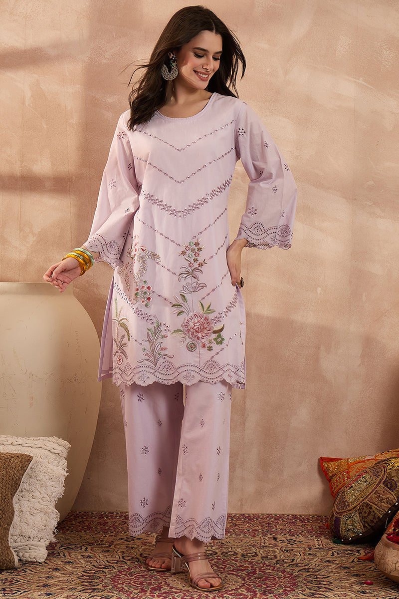 lavender pure cotton embroidered scalloped coord sets