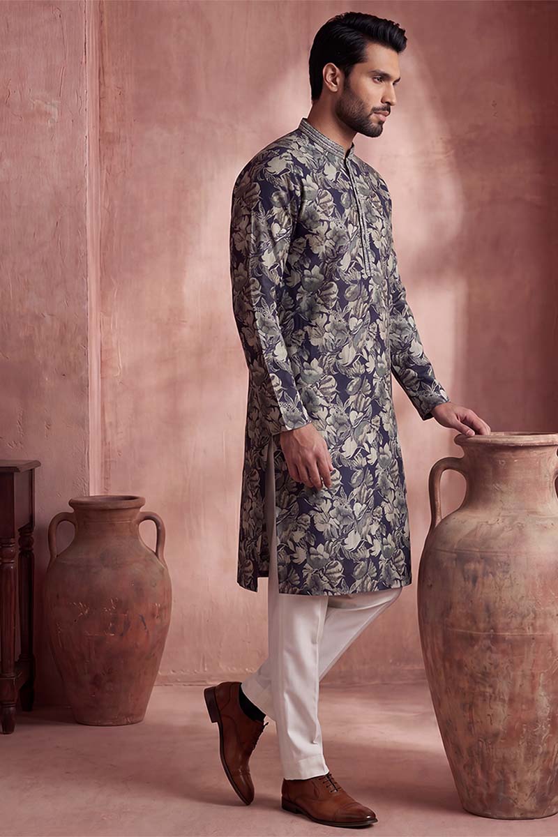 Mens Blue Viscose Rayon Floral Printed Kurta With Trousers MKSET1982
