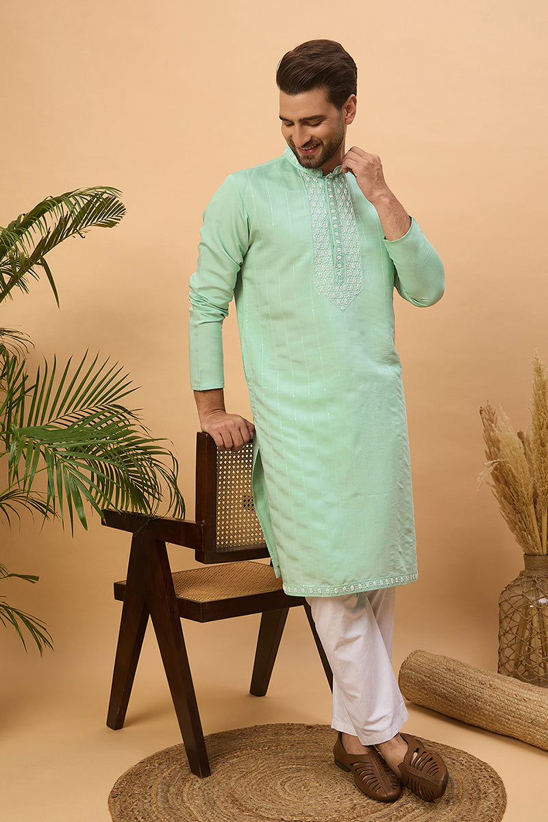 Blue Silk Blend Solid Embroidered Straight Kurta MKU1508