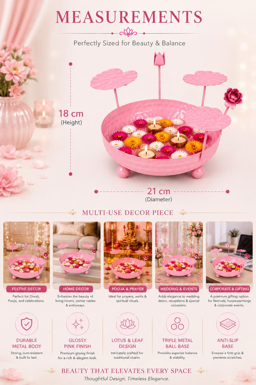 galvanized metal urli bowl for floating flowers candles decorative urli with lotus stems for home festival decor pink
