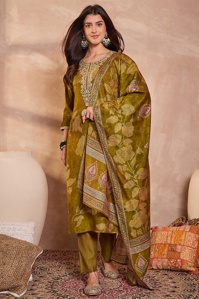 green silk blend floral printed straight kurta trouser with dupatta