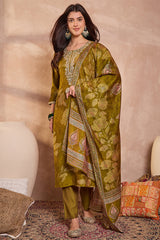 green silk blend floral printed straight kurta trouser with dupatta