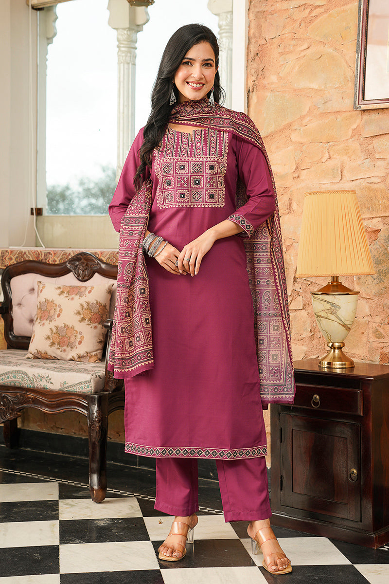 purple rayon blend ajrakh printed straight kurta trousers with dupatta 