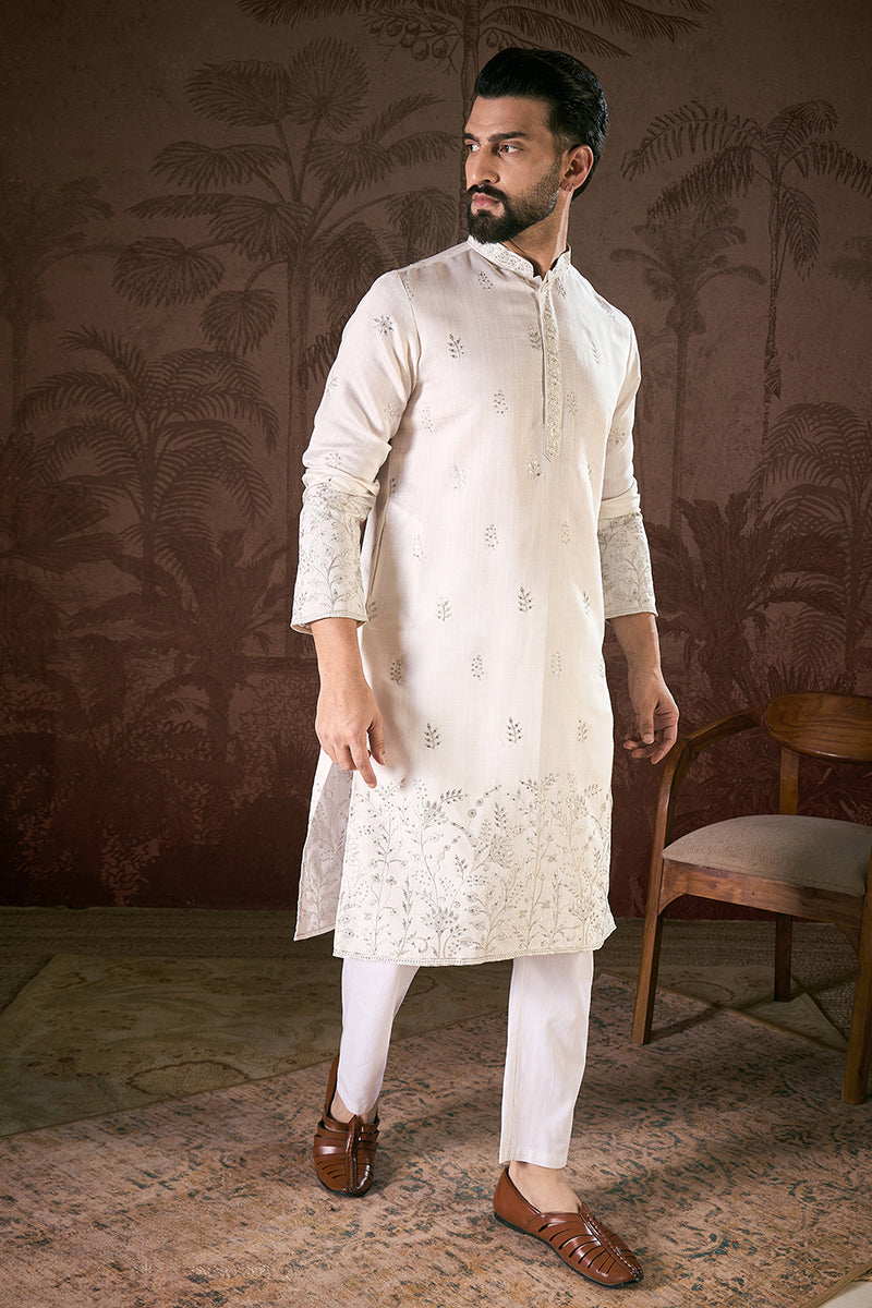White Silk Blend Floral Embroidered Straight Kurta With Trouser MKSET1784