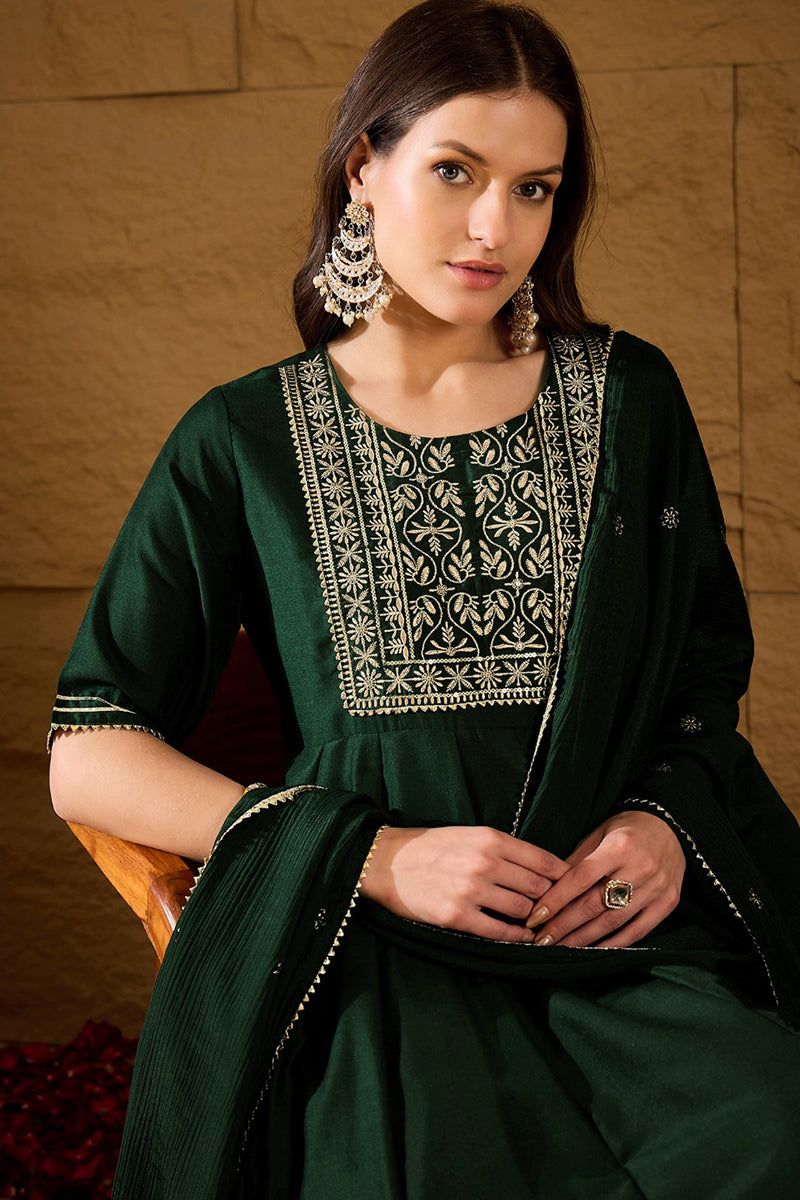 green cotton embroidered anarkali suit set